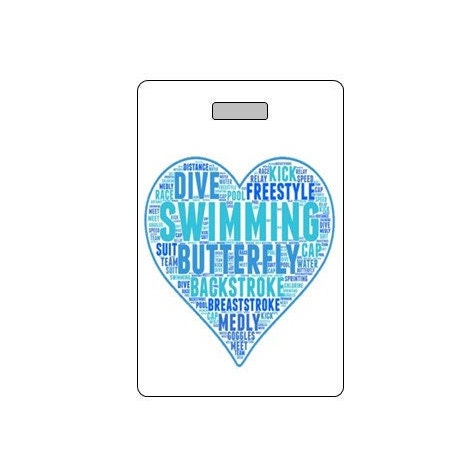 Swim Bag Tag. Customizable. Waterproof. Made in USA.  Swimmer Gift. Swim Heart.