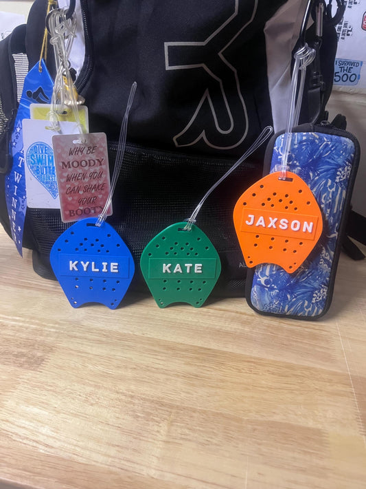 Swim Bag Tag - Hand Paddle.  Customizable. Multiple color options. Volume pricing discounts available. Great Swim Team Gift!
