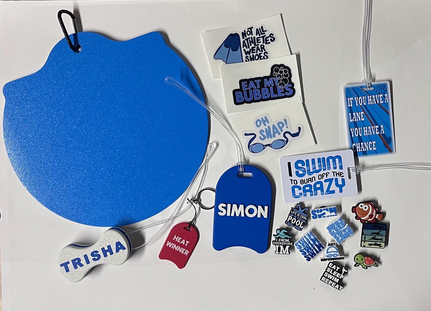 The Ultimate Swimmer Bundle.  Great for start of swim season or a swimmer gift!  Bag tags, swim stickers, 3d tags, swim charms, cap saver.