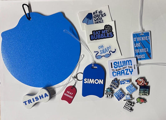 The Ultimate Swimmer Bundle.  Great for start of swim season or a swimmer gift!  Bag tags, swim stickers, 3d tags, swim charms, cap saver.